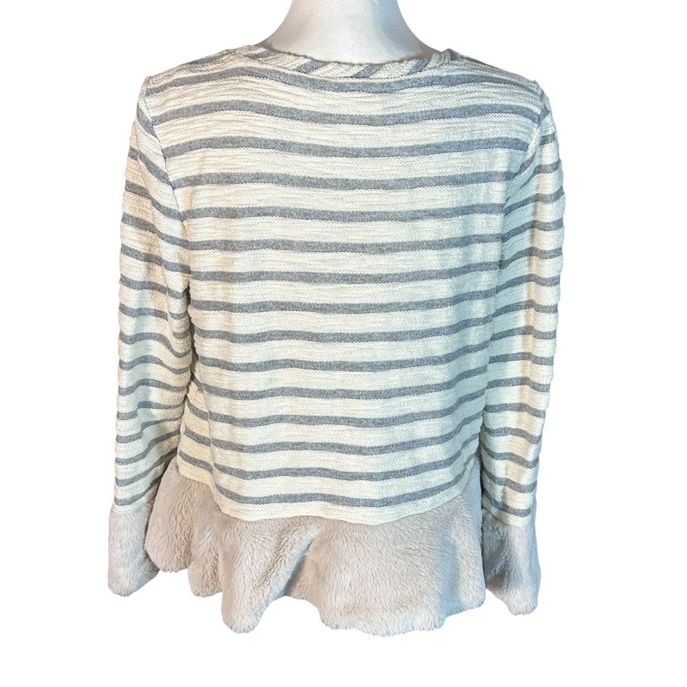 Maeve Astor Top Women's Medium Grey Cream Striped Faux Fur Trim Hem Long Sleeve - Picture 3 of 9